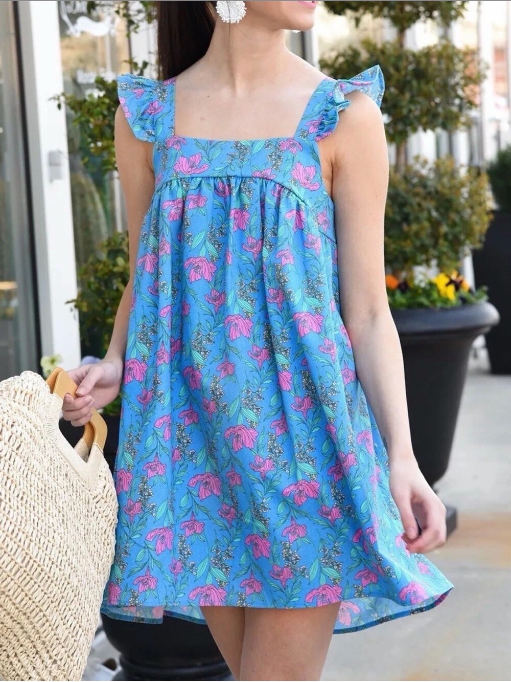 Blue Floral Ruffle Strap Mini Dress